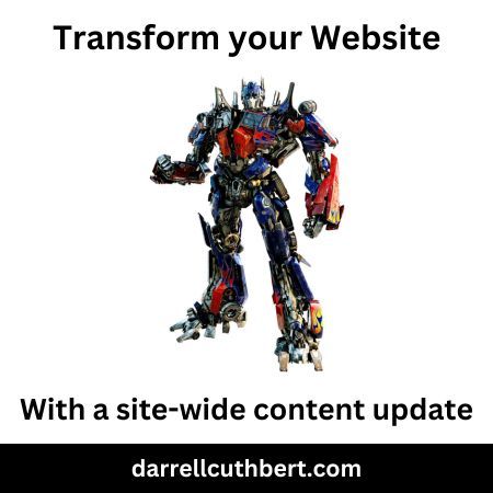 Transform your website with a site-wide content update.

darrellcuthbert.com

#websitecontent #websitecontentwriter #websitecopy #websitecopywriter