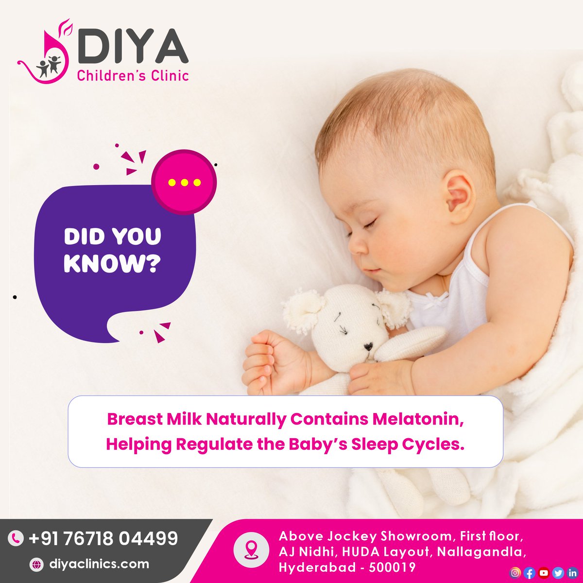 Diya Children's Clinic recommends consistent bedtime routines, a calm sleep environment, and safe sleep practices like placing babies on their backs in cribs.'
#Diyachildernsclinic #babysleep #nallagandla  #hyderabad