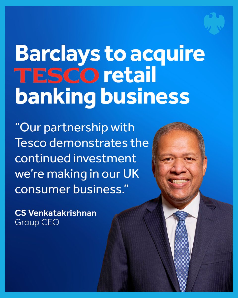 NEWS: Today we announced that Barclays will acquire the retail banking business of Tesco, which allows us to create new distribution channels for our growing UK consumer lending and savings businesses. Find out more: home.barclays/news/2024/02/b…