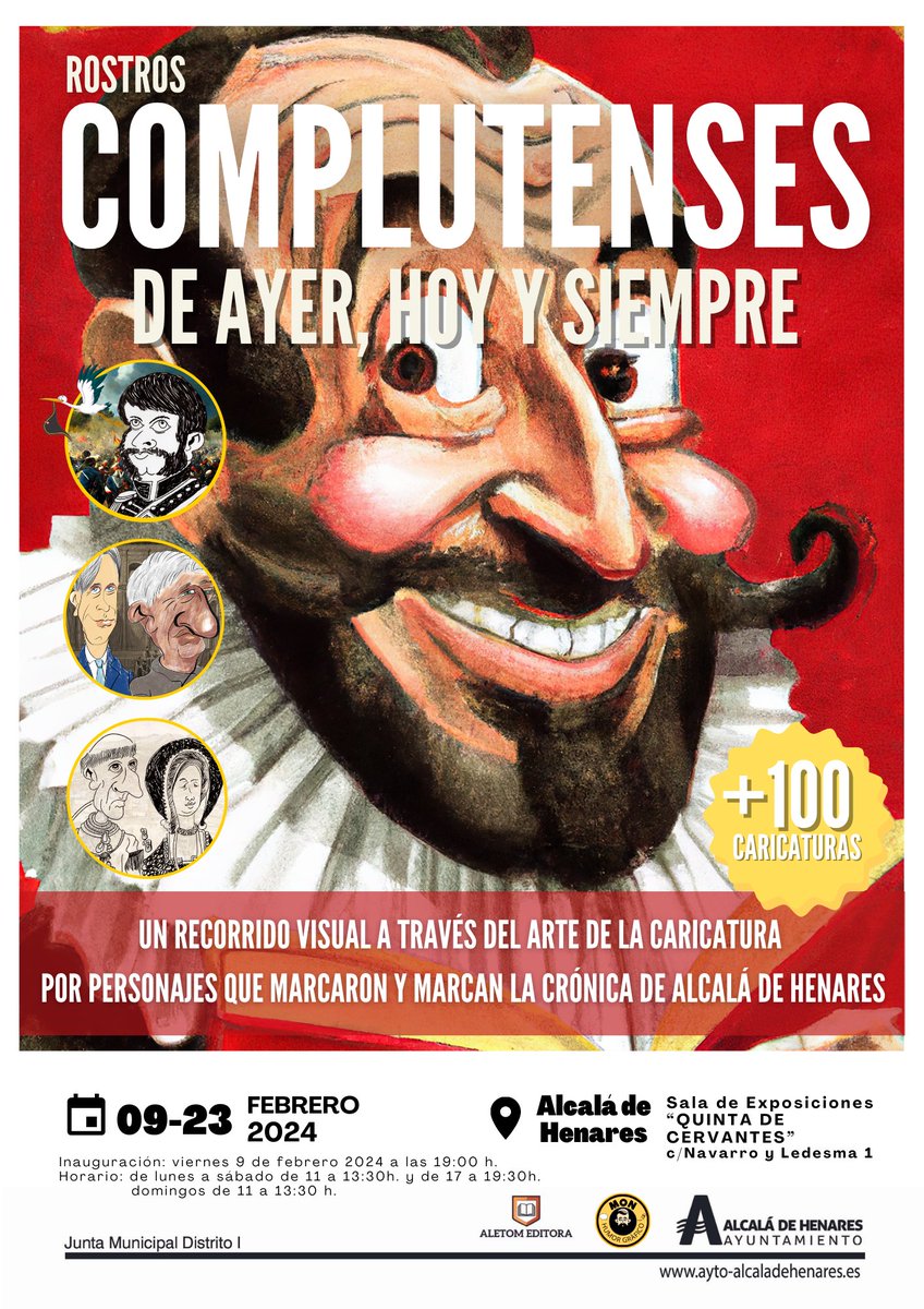 "Rostros Complutenses de ayer, hoy y siempre" es una exposición realizada por el humorista gráfico MON, con más de 100 caricaturas que forman parte de la historia de Alcalá. ¡Ven a visitarla!

🏛️Quinta de Cervantes (Navarro y Ledesma 1)
📍Hasta 23 febrero
🟢Entrada gratuita