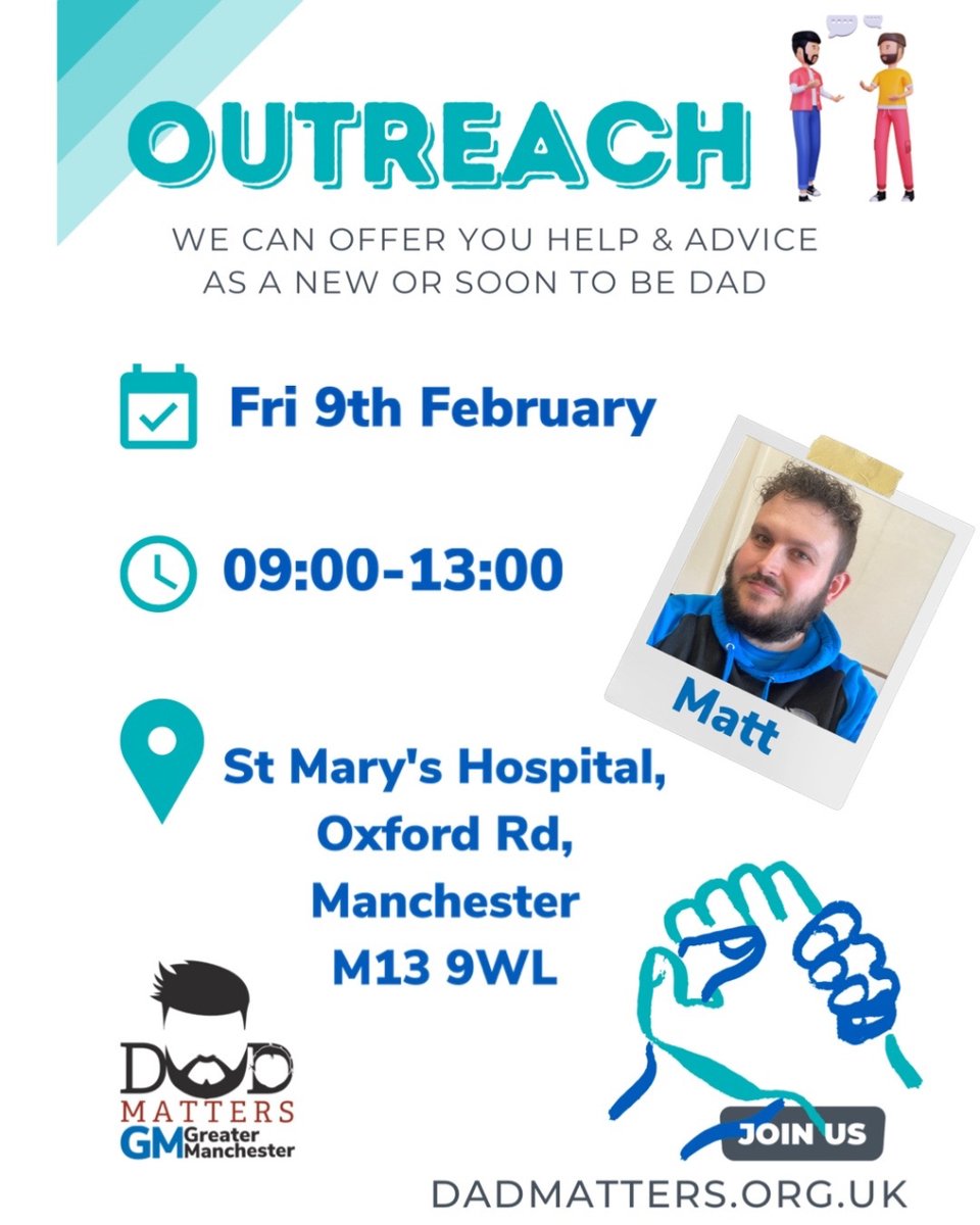 DadmattersGM's tweet image. This morning Matt is at St Mary’s Hospital for his outreach session. If you see him please stop and have a chat. He can offer some great help and advice for new or soon to be dads!