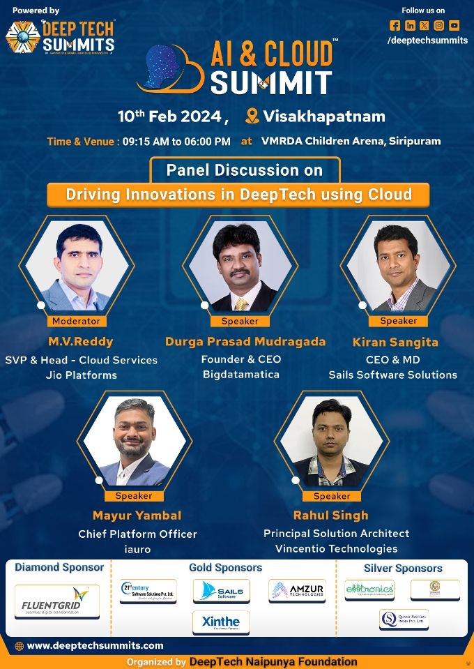 DeepTechSummits's tweet photo. Exciting #Panel Discussion Alert! Join us for an #engaging conversation on "Driving Innovations in #DeepTech using #Cloud" at the AI &amp; Cloud Summit on 10th Feb in #Vizag.

Register at:  https://t.co/fsYbdb5U2x https://t.co/e0fSCbkGP9