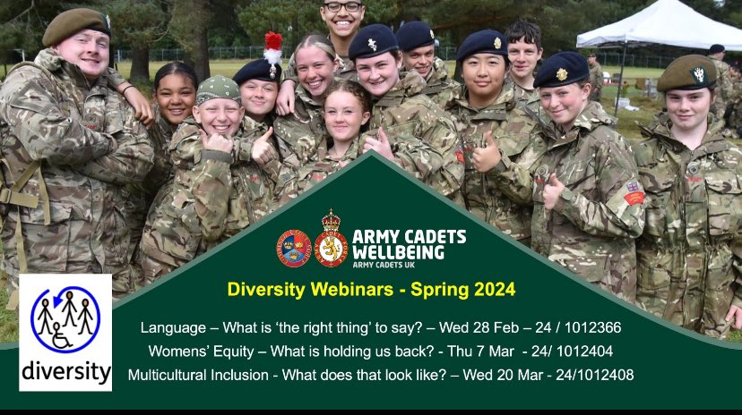 Army Cadet D&amp;I team are bringing you some new webinars. All CFAVs, PSS and staff welcome. Please share/RT.

🎦Recordings will be on ACRC after. 

⏱️Please book onto the event beforehand for zoom link. Timings - 1900hrs-2100hrs

🙌We welcome your interactive contributions . 😊