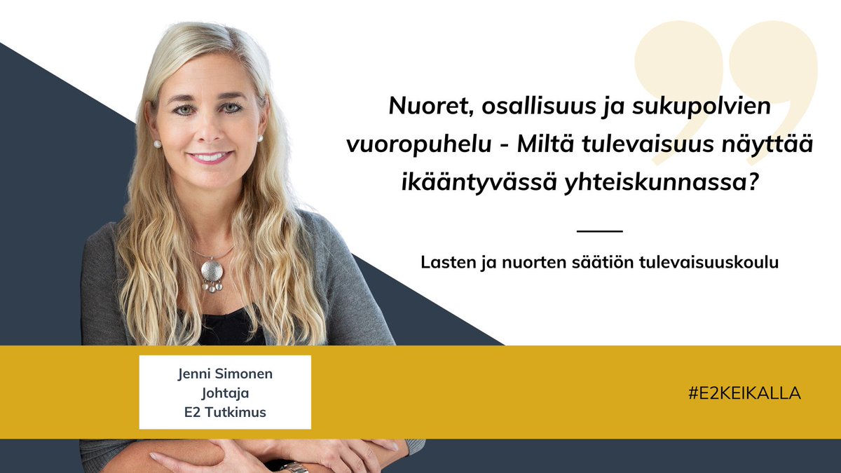 Väestön ikääntyminen on maailmanlaajuinen megatrendi. Tänään @LNSaatio ’n tulevaisuuskoulussa E2 Tutkimuksen @simonen_jenni alustaa aiheesta ja kertoo, miltä tulevaisuus näyttää nuorten näkökulmasta tutkimustemme valossa.

#E2keikalla #tietokäyttöön