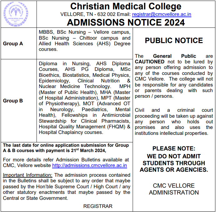 danielpradeep_m's tweet photo. Admissions open for MBBS &amp; BSc Nursing @ Vellore Campus
BSc Nursing @ Chittoor Campus 
BSc in Allied Health Sciences
Also for: Diploma, PG Diploma, AHS PG - Degree &amp; Fellowship Courses.  
Last date: 21 March  2024 
#CMCVelloreadmissions #Nursing #alliedhealth #MedTwitter https://t.co/t7NTgTcJ73