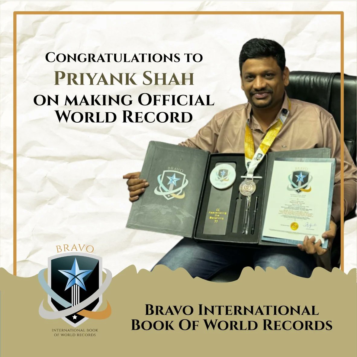 RecordsBravo's tweet photo. Team Bravo International Congratulates Mr. Priyank Shah for enrolling in Bravo International Book of World Records.
#sevakcharitabletrust #empowerdivyang #visuallyimpairedempowerment #bravoworldrecords #international #worldrecords #worldrecordsbook #socialimpact https://t.co/JheY11UmhT