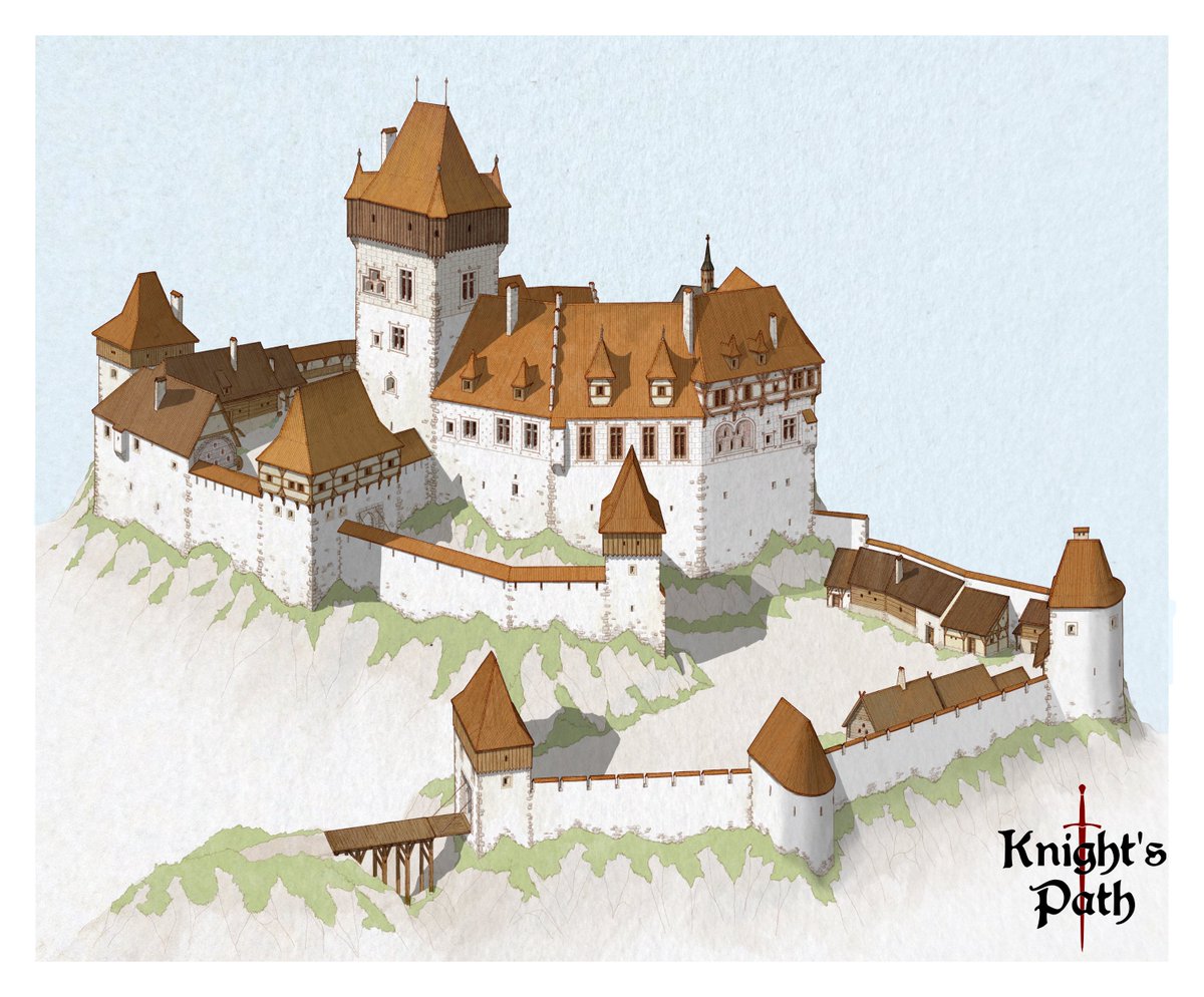 I've had the pleasure to finish this concept art for a castle in the game <a href="/Knights_Path/">Knight's Path</a>! Depicted is a bohemian castle set around the year 1450. 
The castle was planned to be integrated into the gameplay and will hopefully be accessable at some point. Thanks for the comission!🤠