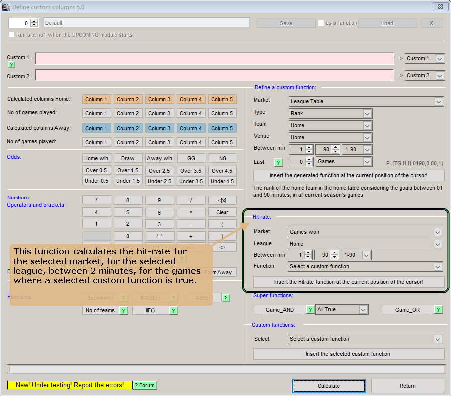 The custom functions module can not be complete without the mother of all functions.

Adding a "Hit-Rate" function would greatly help in backtesting complex strategies.
Define a custom function and backtest it against the entire Upcoming table or a selected league.

👍🔃