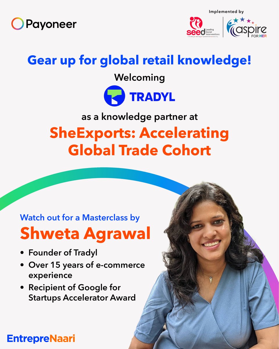 Having enabled global retailers to import from Indian SME manufacturers, Tradyl knows all about global sourcing. Now, they are ready to share this knowledge at SheExports: Accelerating Global Trade!

Apply by 17 Feb, 2024 to catch Shweta's Masterclass:
aspireforher.com/payoneer-sheex…
