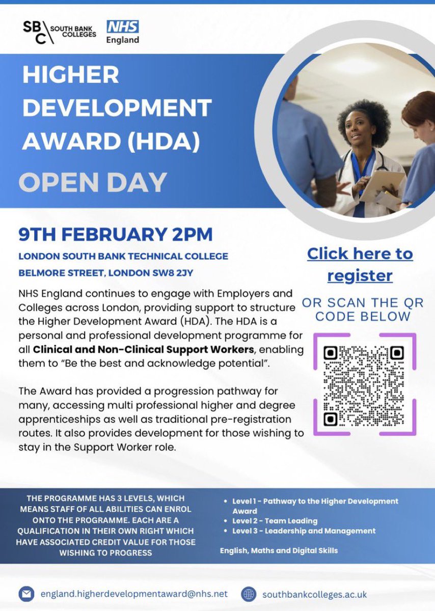 Today’s the day! Please come along to the new, tech college at Nine Elms and find out more about the Higher Development Award - course starts in March! ⭐️ ⭐️Be the best & aknowledge your potential ⭐️⭐️@desireecox07 @SouthBankColl @MonicaMarongiu @RobBrooks2 @anita_esser