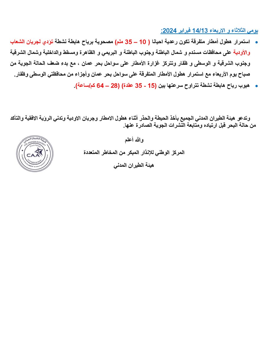 vww_u's tweet photo. تقرير رقم 1 :
حالة الطقس المتوقعة خلال الفترة من ( 11 - 14 )فبراير 2024م .
Weather Bulletin 1 :
#شبكة_أخبار_الغيث 
#Ghaith_News_Network https://t.co/n066YgLBRa