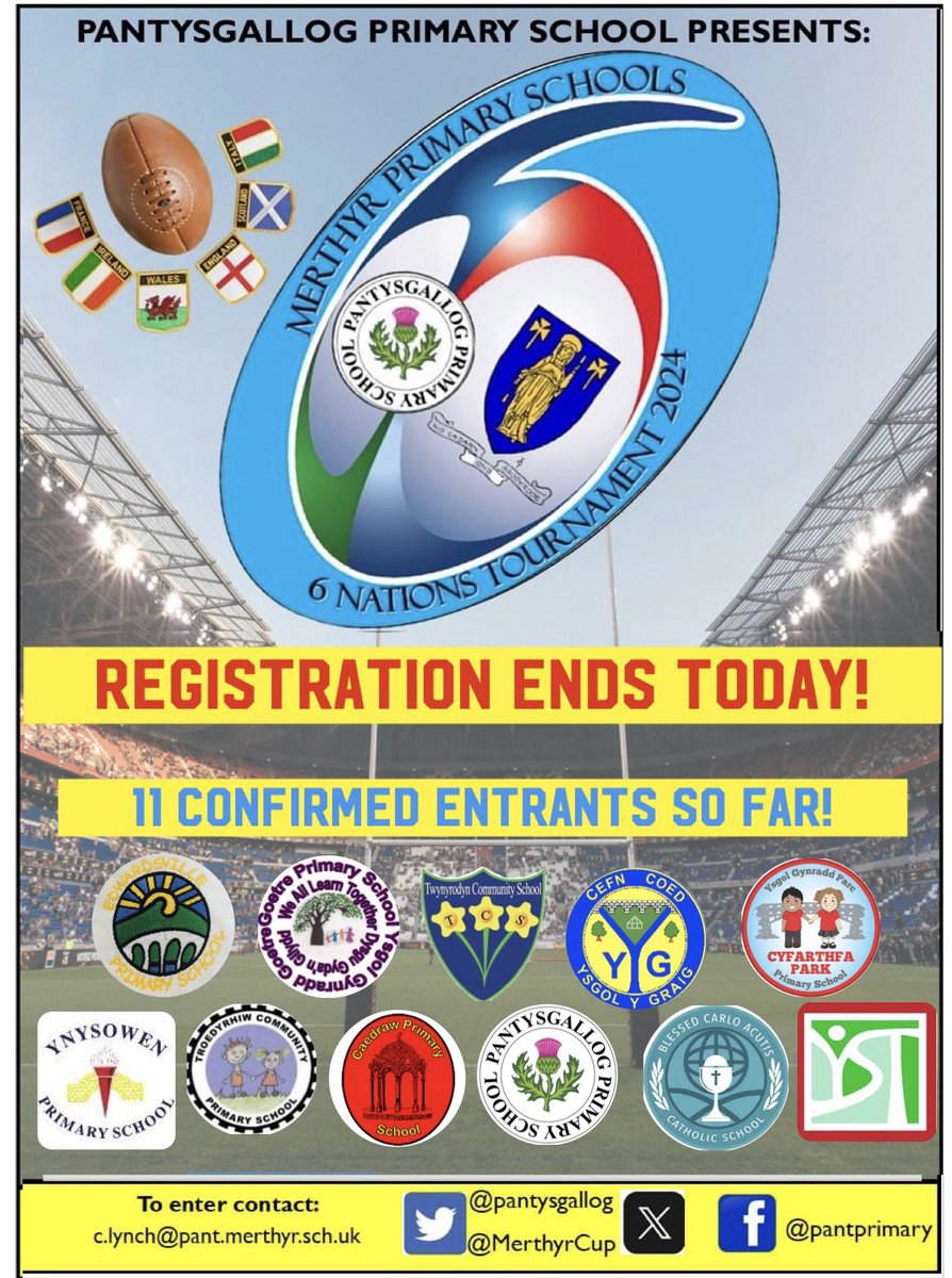 MerthyrCup's tweet photo. 🏉⚠️MERTHYR PRIMARY 6 NATIONS RUGBY TOURNAMENT - LAST CHANCE! ⚠️🏉

We are delighted to announce that 11 schools have already signed up to participate in our contact rugby tournament on Fri 23rd Feb at Merthyr RFC. 

LAST CHANCE TO REGISTER IS TODAY https://t.co/E2x5j3XnBJ https://t.co/alhvuoTFlP