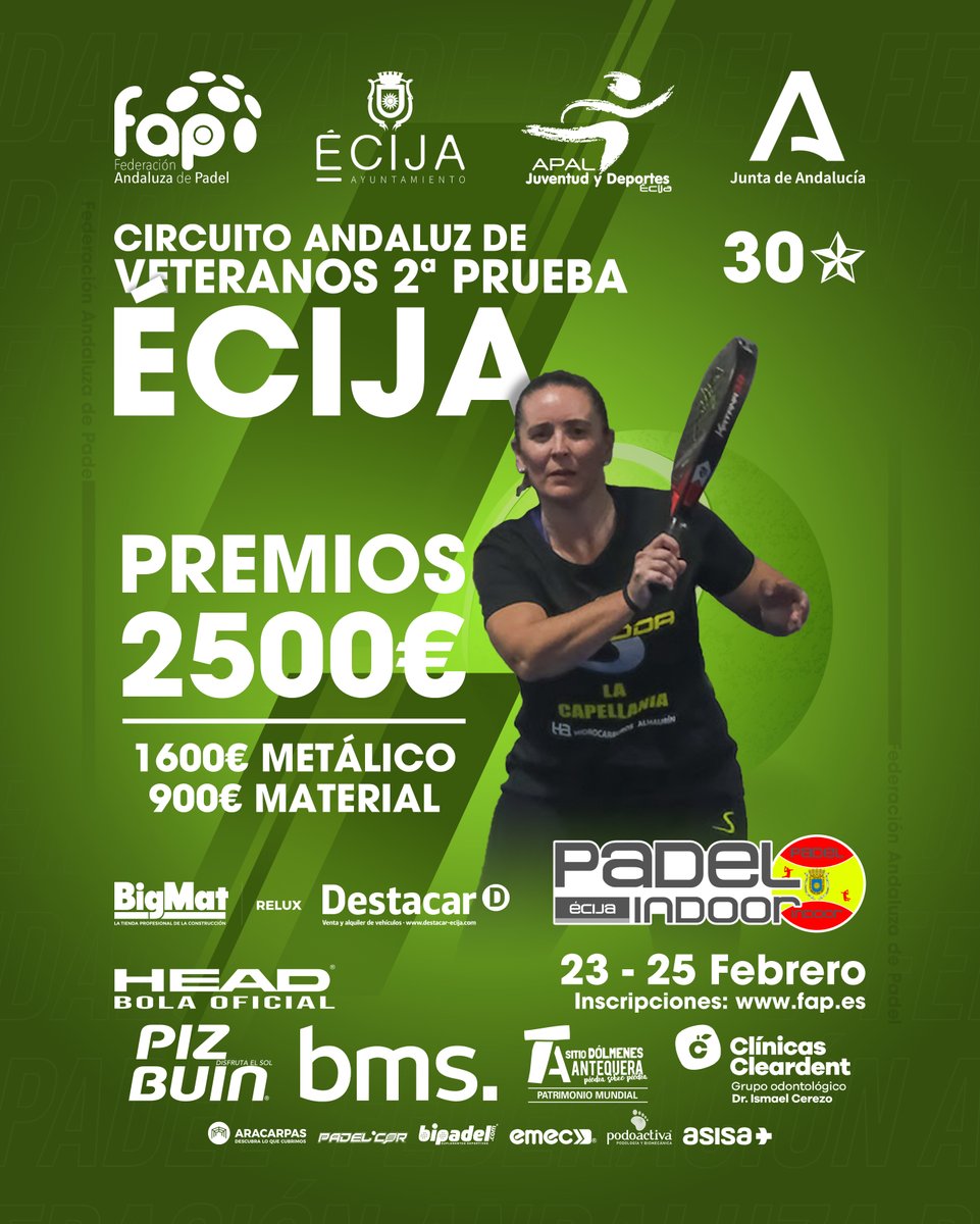 🟢 2ª Prueba Circuito Andaluz de Veteranos 1600
📍 Pádel Indoor Écija 
📅 Del 23 al 25 de febrero
📆 Cierre de inscripción: 19 de febrero 
📩 Inscripciones: fap.es

#FAP #SomosFap #padel #CircuitoAndaluz #Veteranos #Ecija