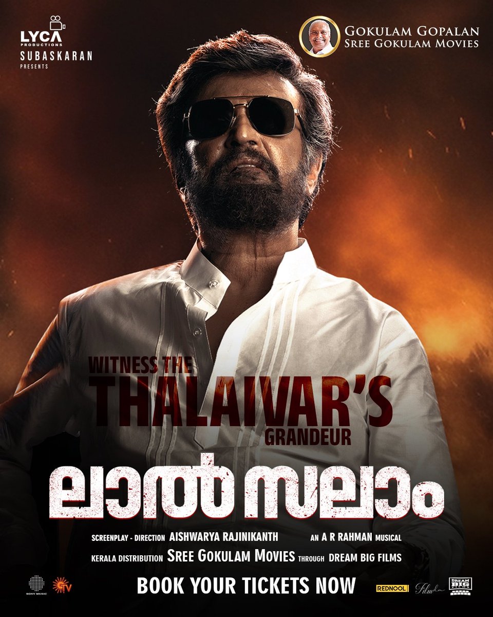 #Kerala:  #LalSalaam Now in Cinemas near you.

 Book your tickets now
#SuperstarRajinikanth #AishwaryaRajinikanth #ARRahman #VishnuVishal #Vikranth #LycaProductions #Subaskaran #gkmtamilkumaran #SSSM #GokulamGopalan #VCPraveen #BaijuGopalan #Krishnamoorthy #DreamBigFilms