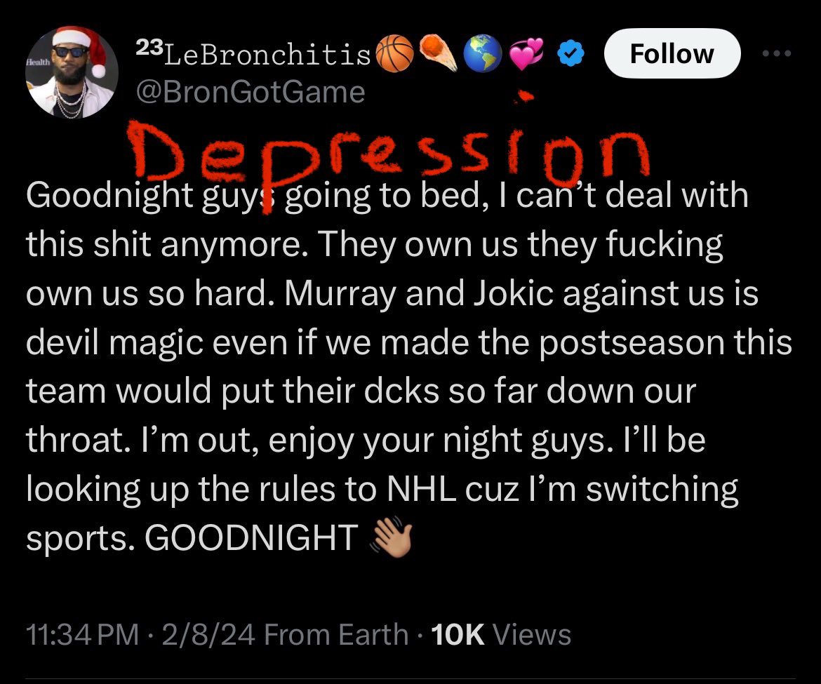 kawhi_ring's tweet photo. NBA Twitter is unmatched, the Nuggets had this guy going through the 4 stages of grief https://t.co/qFVgjU4ocD