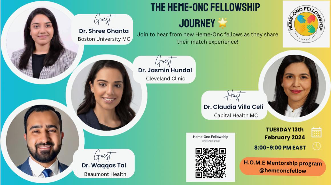 Mark your calendars ✅ 📅 Our next Heme-Onc fellowship journey webinar will be on Tuesday #February 13th with @ClaudSVillaCeli hosting Dr. Shree Ghanta, Dr. @HundalJasmin Dr. @DrWaqqasTai sharing their remarkable journey of successful match ⭐️🤩