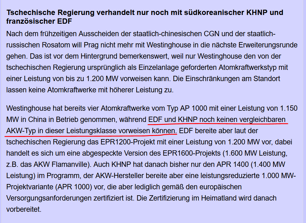 EvaStegen's tweet image. Gute Einordnung!
Nur noch 2 Staatskonzerne im Rennen:
🇫🇷EDF und 🇰🇷KHNP.

Keiner der beiden kann den von Tschechien geforderten #AKW-Typ vorweisen.

Es gibt weder 🇫🇷#EPR1200
noch 🇰🇷#APR1000 in Betrieb.

Finanzierung unklar.
Behauptete Kosten: unrealistisch
#AlleUmUnsHerumBauenAKWs