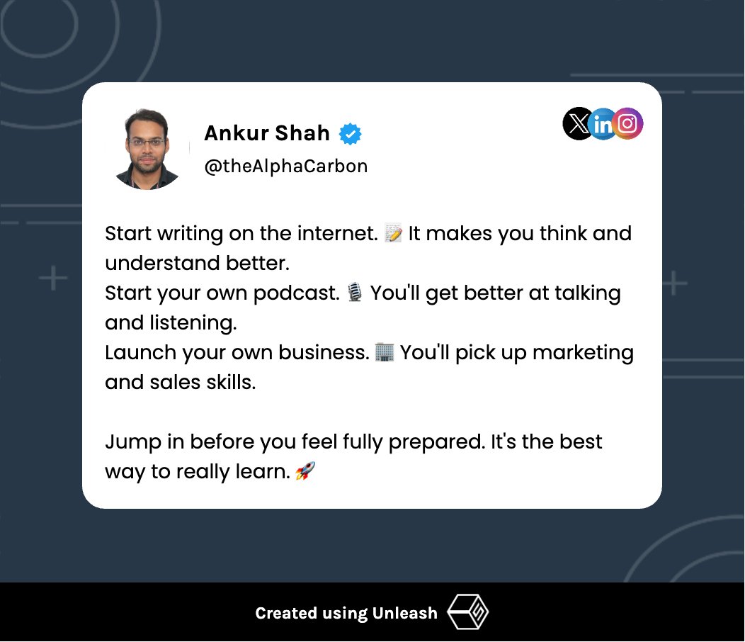 Jump in before you feel fully prepared. It's the best way to really learn. 🚀

#StartWriting #OnlineWriting #ThinkClearly #PodcastLife #LearnToSpeak #StartABusiness #MarketingSkills #SalesHacks #TakeAction #LearnByDoing #JumpIn #RealLearning