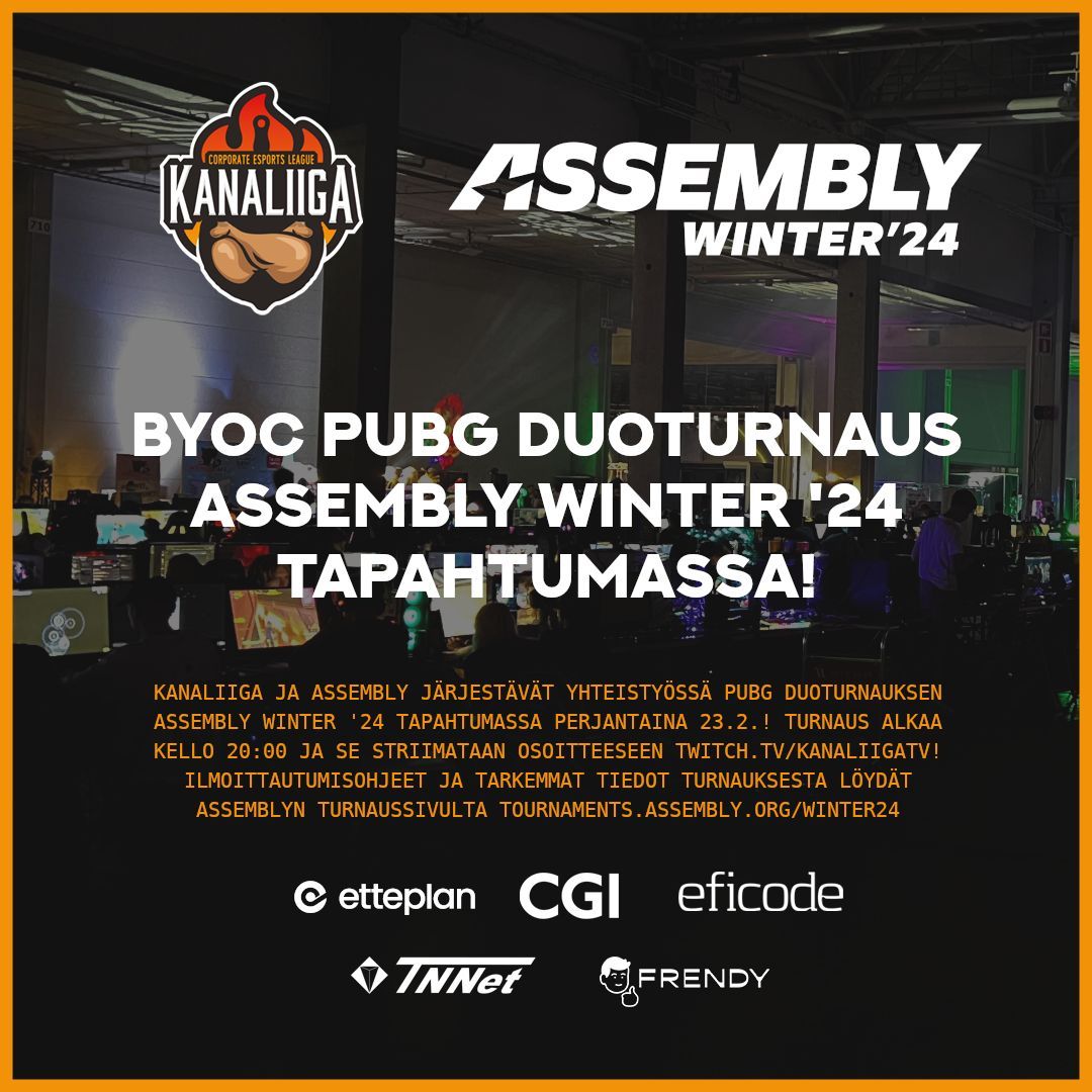 kanaliiga's tweet photo. 🔥KANALIIGAN JA ASSEMBLYN PUBG DUOTURNAUS! 🔥
Kanaliiga ja Assembly järjestävät PUBG duoturnauksen Assembly Winter '24 tapahtumassa! Tsekkaa osoitteesta https://t.co/ZKo9sdMpyA osallistumisohjeet!
#kanaliiga #assemblywinter24 #assemblyparty https://t.co/fYumYfNIam