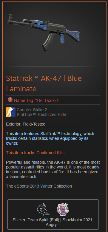 GETTHEBAGMARK's tweet photo. In honor of @donk1337's and @Team__Spirit's run at IEM Katowice to the Semi-Finals, I am giving away this AK-47 Blue Laminate FT, With a @Team__Spirit Foil, and an Angry T sticker (Representing Donk's ruthless trash talk). 😂😂

To Enter:
- Like & RT
- Follow @GETTHEBAGMARK
- Tag 2 friends

Rolling in 1 Week Good Luck!
#giveaway #cs2 #CS2Giveaway #CSGOGiveaway #CSGO #cs2skins