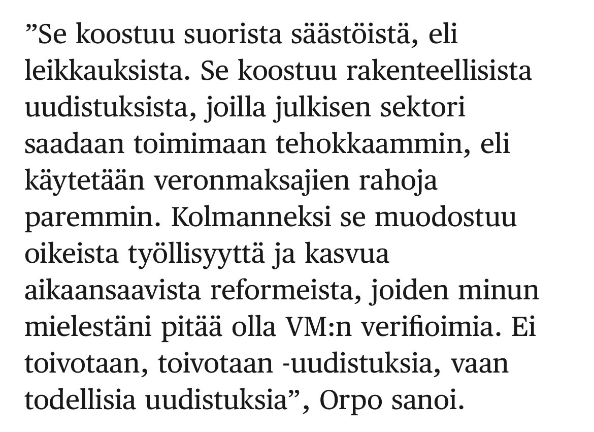 Vielä viime keväänä @PetteriOrpo vaati, että työllisyystoimet ovat 'VM:n verifioimia, ei toivotaan, toivotaan -uudistuksia'. 
Nyt tästä ollaan peruutettu sen verran, että valtiovarainministerin perustelu työehtojen heikennyksille on 'arkijärki'. Että näin.😵‍💫😵‍💫
#PainavaSyy