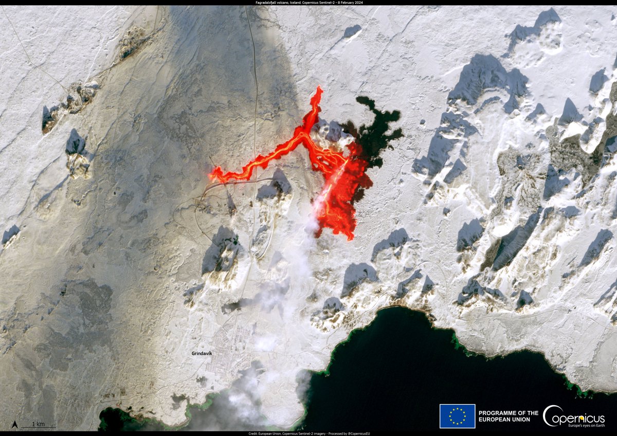#ImageOfTheDay A new 🌋 eruptive episode is ongoing northeast of #Grindavik, #Iceland 🇮🇸 ⬇️The impressive lava flow 🔴emitted was captured by our #Copernicus #Sentinel2 🇪🇺🛰️at 13:04 UTC, less than 10 hours after the beginning of the event #EarthArt #IcelandEruption #FireAndIce