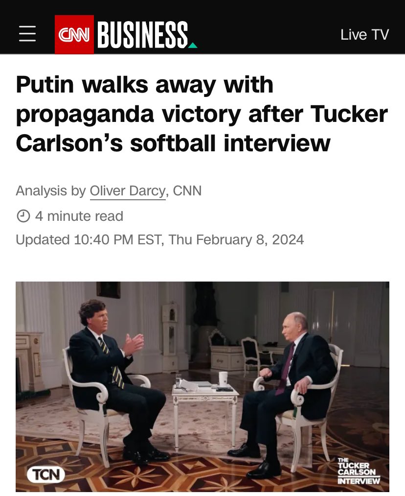 guyverhofstadt's tweet photo. Carlson interview is the best thing that ever happened to Putin.

America tomorrow will suffer from having him spreading lies unchallenged and unfiltered. 

This is how democracies die... https://t.co/nbrlkZUbnV