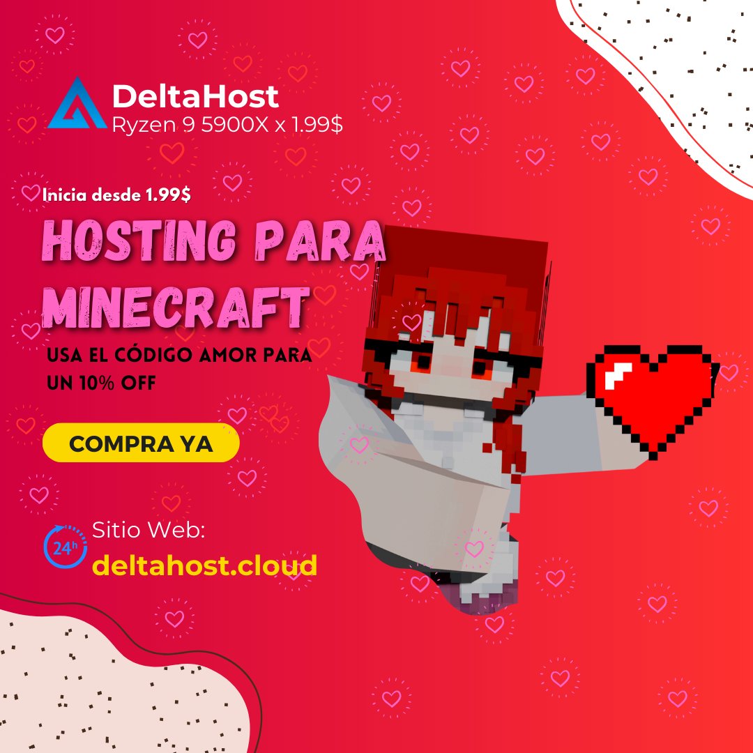 📷 ¡A 5 días del Día de San Valentín! 📷 En DeltaHost, estamos listos para que celebres el amor y la amistad.

 ¡Para celebrar este San Valentín, te traemos el código de descuento "AMOR"! Úsalo por tiempo limitado y obtén un 10% de descuento en tu compra!
#SanValentín #Minecraft