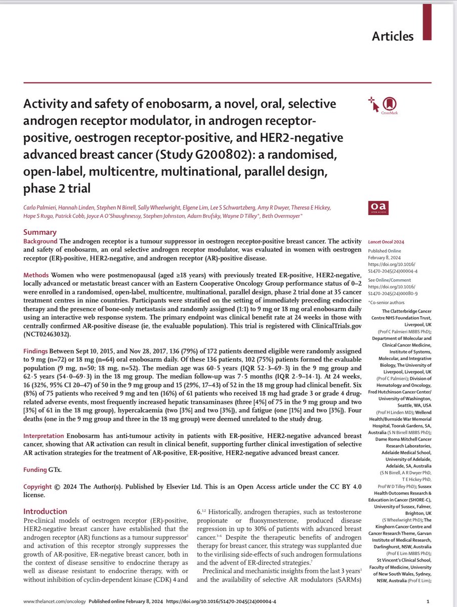 Just out, our paper demonstrating the clinical activity of a Selective Androgen Receptor Modulator. Important as shows in ER+/HER2- BC you can get clinical activity without directly targeting ER. This is about ‘nudging & budging’ ER not ‘bashing & smashing’ it. Important paper.