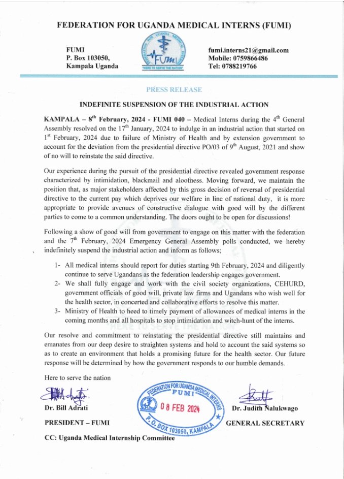 PRESS RELEASE, 9.2.2024! 
All medical interns, countrywide, kindly take note. 
We maintain a position that, opening doors out of good will to engage in resolving such gross matters is the way to go. We hope to constructively dialogue in the coming weeks. <a href="/MinofHealthUG/">Ministry of Health- Uganda</a> <a href="/ainbyoo/">Ainebyoona Emmanuel (CIPR)</a>