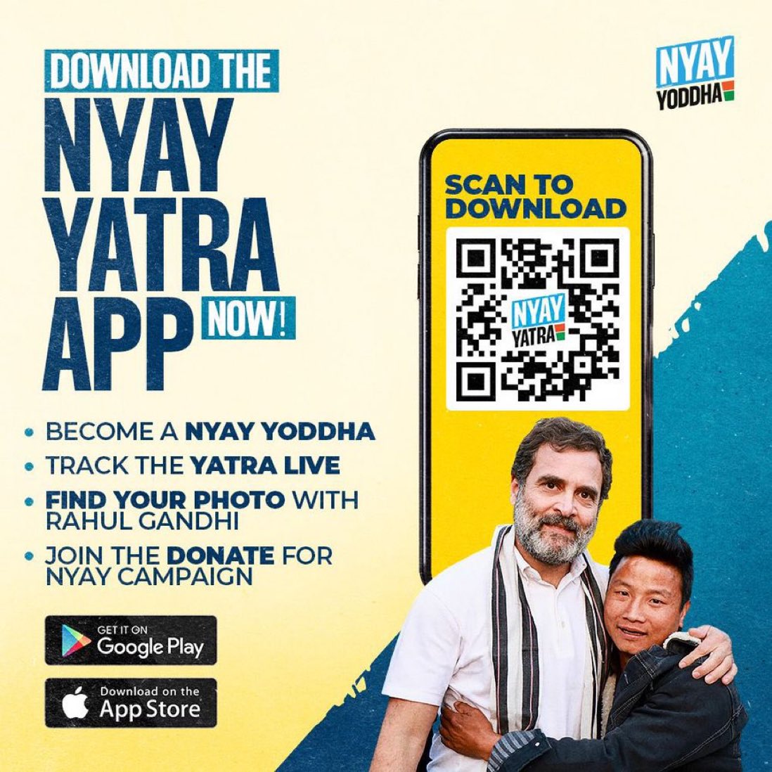 PremPrakashUPCC's tweet photo. Have you downloaded the #NyayYatraApp as yet ? 

The Yatra App allows you to - 

1. Track and join the Bharat Jodo Nyay Yatra
2. Become a Nyay Yoddha to support the cause
3. Donate to the Nyay Yatra
4. Find your photo with Rahul Ji from the Yatra

Become a Nyay Yoddha today🙏🏼 https://t.co/UVbyFH3Uix