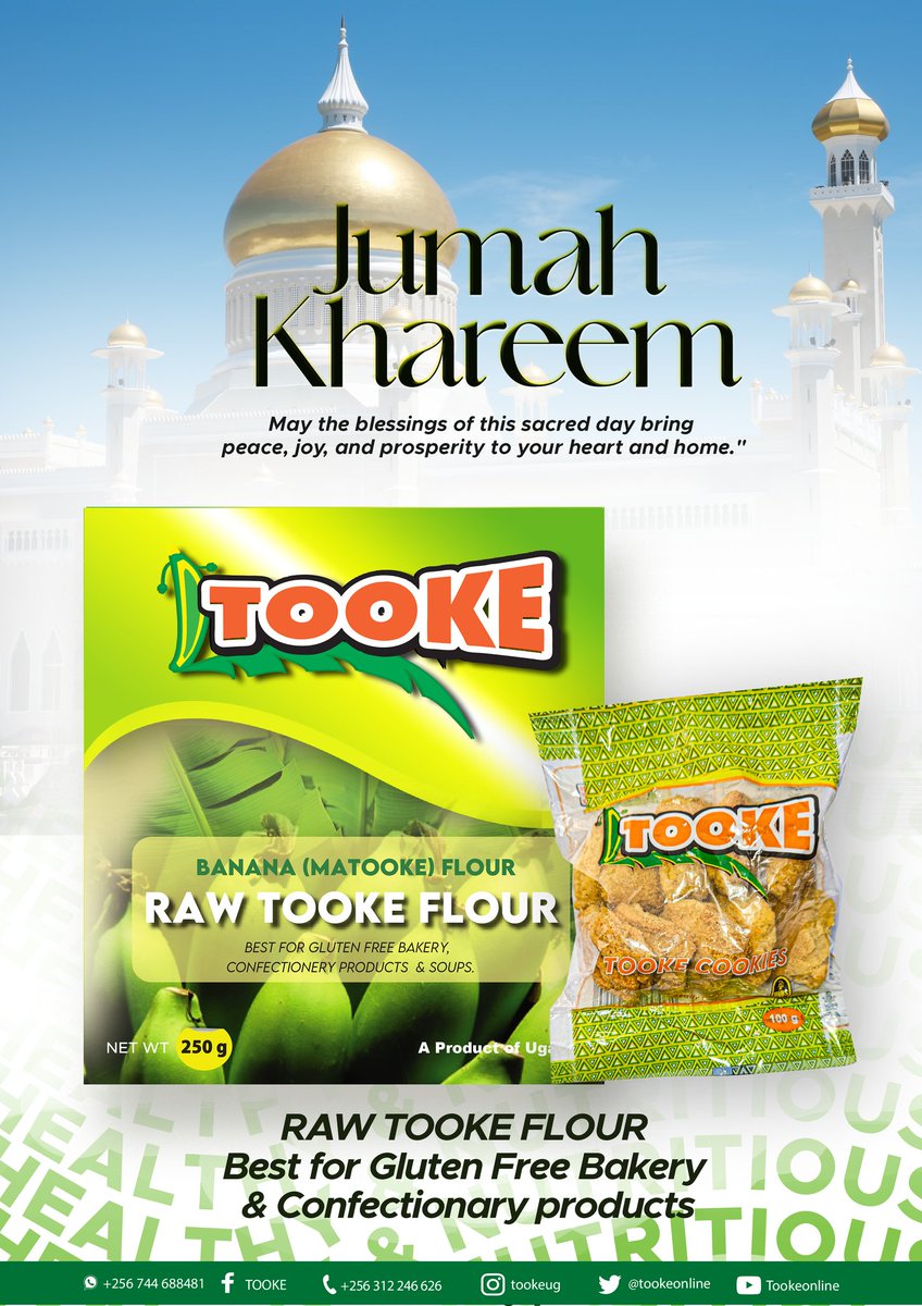 tookeonline's tweet photo. “Jumma Mubarak to all Muslims. May Allah listen to our Dua and Favor us this Friday by lessening all our Troubles!”

#TookeCookies
#RawTookeFlour
#GlutenReducedBaking
#Tooke
#GreenBananaValueAddition
#GreenBananaFlour https://t.co/VvCy362u3y