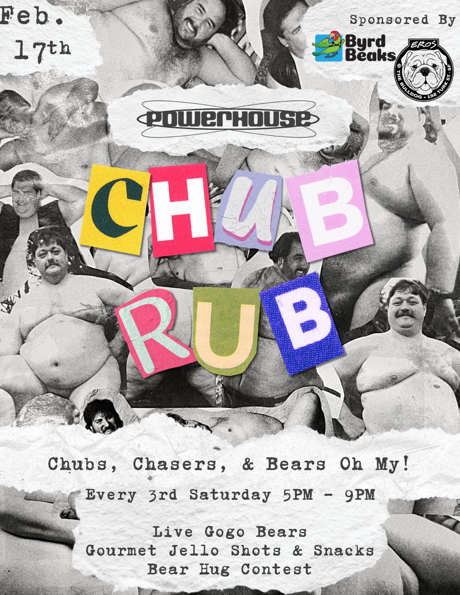 ChubRubSF's tweet photo. Join us Saturday February 17th for the second installment of Chub Rub! 

We have gogos @cocobuttah85 and @Miickiieeee dancing for you!

As always we'll have snacks, Gourmet Jello Shots, and swag from @ByrdBeaks and @EROSSF to give away to the winner of our bear hug contest! https://t.co/nhJ2fYX0pO