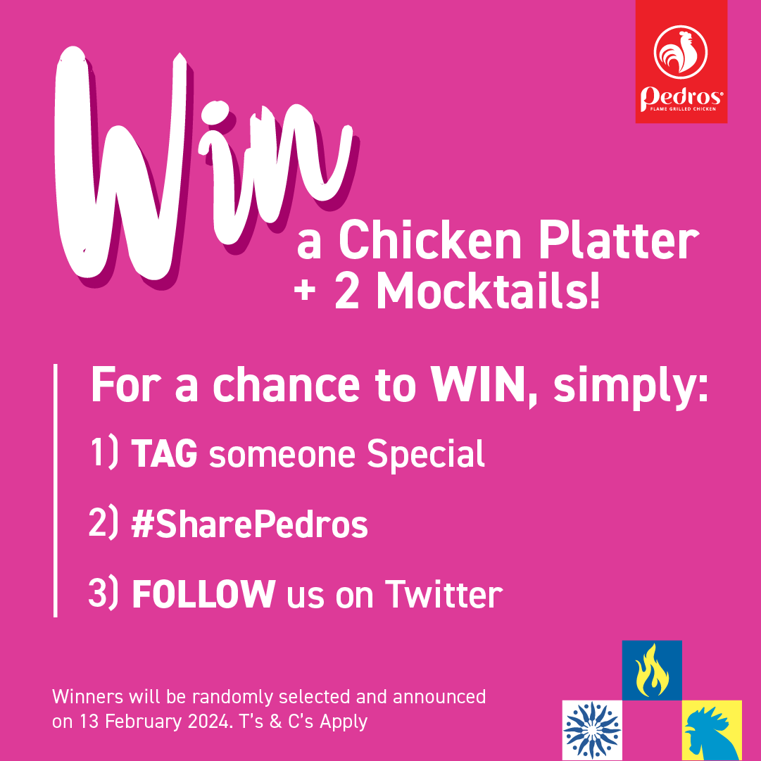 PedrosChicken's tweet photo. Olá! Share the love and you could WIN 1 of 6 Chicken Platters (plus 2 Mocktails)! �� 
Lucky Winners will be announced on February 13th. 
#SharePedros #VivaPedros https://t.co/qEwLL7nl3x