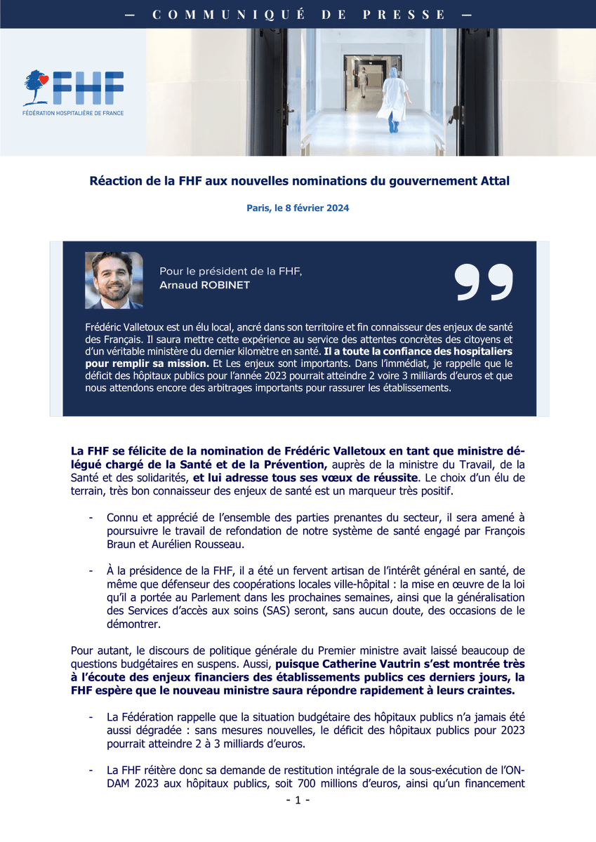 laFHF's tweet photo. La FHF se félicite de la nomination de @fredvalletoux en tant que ministre délégué chargé de la #Santé et de la #Prévention auprès de @CaVautrin et salue également la nomination de @fadila_khattabi en tant que Ministre déléguée en charge de l'Autonomie et des personnes handicapées.

👉 La nomination de @fredvalletoux est un signal positif pour la santé, dans un contexte difficile, alors que des décisions importantes sont attendues.