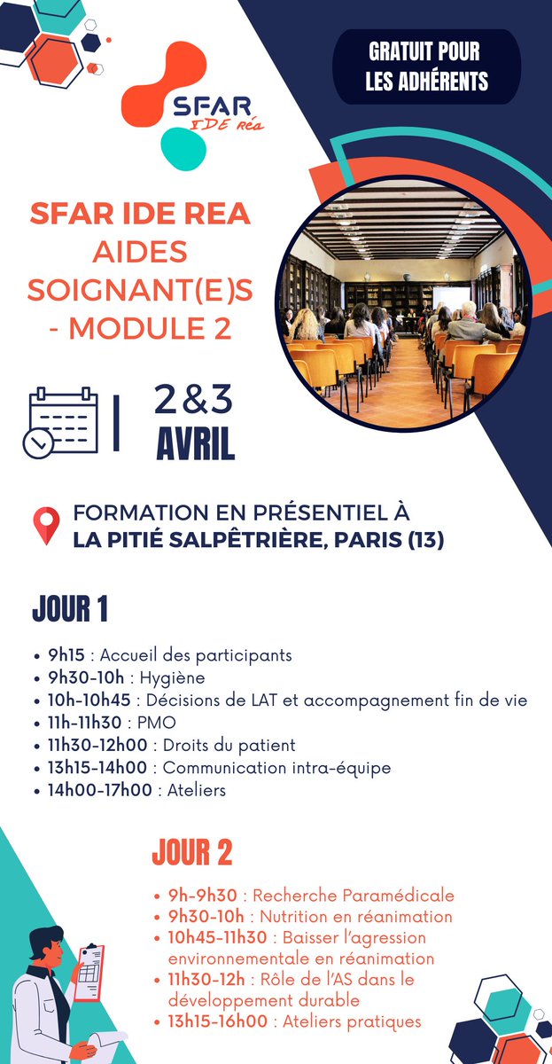 SFAR Anesthésie Réanimation (@sfar_org) on Twitter photo 🚨 SAVE THE DATE 🚨
📆 Le 2 & 3 avril, assistez à la formation Aides-Soignantes - Module 2
📍 Paris
✅ Gratuit pour les adhérents
✍️ Inscriptions ouvertes ➡️ sfar.org/evenement/form…
<a href="/fnasapr/">FNASAPR</a> <a href="/contactfnir/">Fédération Nationale des Infirmiers de Réanimation</a> @IADE_de_France <a href="/SNIA75/">SNIA : Syndicat Nal des #IADE</a> 🚨 SAVE THE DATE 🚨
📆 Le 2 & 3 avril, assistez à la formation Aides-Soignantes - Module 2
📍 Paris
✅ Gratuit pour les adhérents
✍️ Inscriptions ouvertes ➡️ sfar.org/evenement/form…
<a href="/fnasapr/">FNASAPR</a> <a href="/contactfnir/">Fédération Nationale des Infirmiers de Réanimation</a> @IADE_de_France <a href="/SNIA75/">SNIA : Syndicat Nal des #IADE</a>