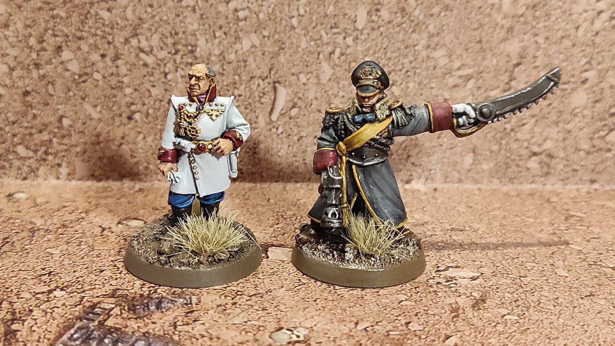 Far from the battles of the Horus Heresy, the Imperialis Militia garrison the backwater world of Apraxia. This is the High Command Squad for Fusilier Regt No 5🧵...

Colonel the Archduke Graffenberg leads the regiment, with his adjutant Major Count Zeitswald at his side.