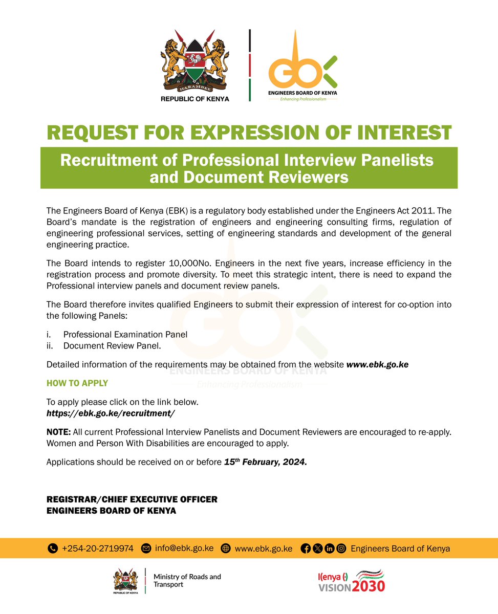 EngineersBoard's tweet photo. Giving Back in Service: The @EngineersBoard
is seeking to recruit qualified engineers to engage as Professional Interview Panelists and Document Reviewers.  
For an overview of the requirements and expectations you can access the "Request for Expression of Interest" on our website through this 🔗: https://t.co/EiVPCN3Mam 

#EngineeringStandardsKe 
#ProfessionalStandardsKe