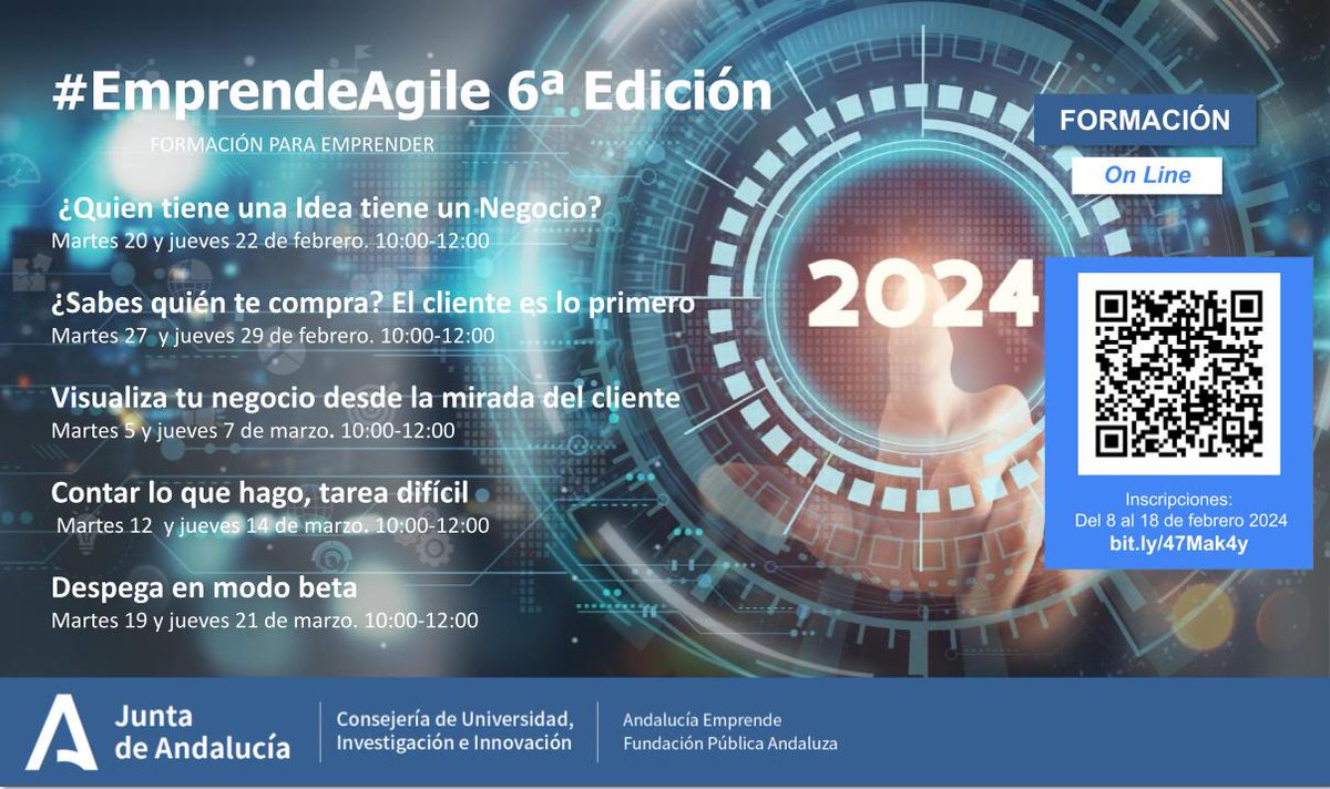 aemprende's tweet photo. 𝐈N𝐒C𝐑I𝐏C𝐈O𝐍E𝐒 𝐀B𝐈E𝐑T𝐀S

💥 6ª ed. #EmprendeAgile

🎓 Itinerario formativo online gratuito que llevará tu idea de negocio al siguiente nivel 🚀

🗓️ Del 20/02 al 21/03.

👥 Aforo limitado. Apúntate hasta el ➊➑ 𝗳𝗲𝗯𝗿𝗲𝗿𝗼.

🔰 https://t.co/F2wquTheat

#EmprendeAND https://t.co/C2ExfXTGfC
