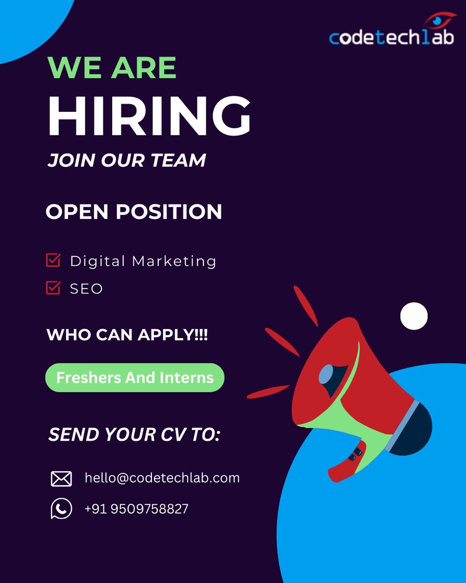CodeTechLab's tweet image. Hello connections,

Join our team #codetechlab #digitalmarketingseo  #CareeDevelopment  #jobseekers #Training #Internships #fresher