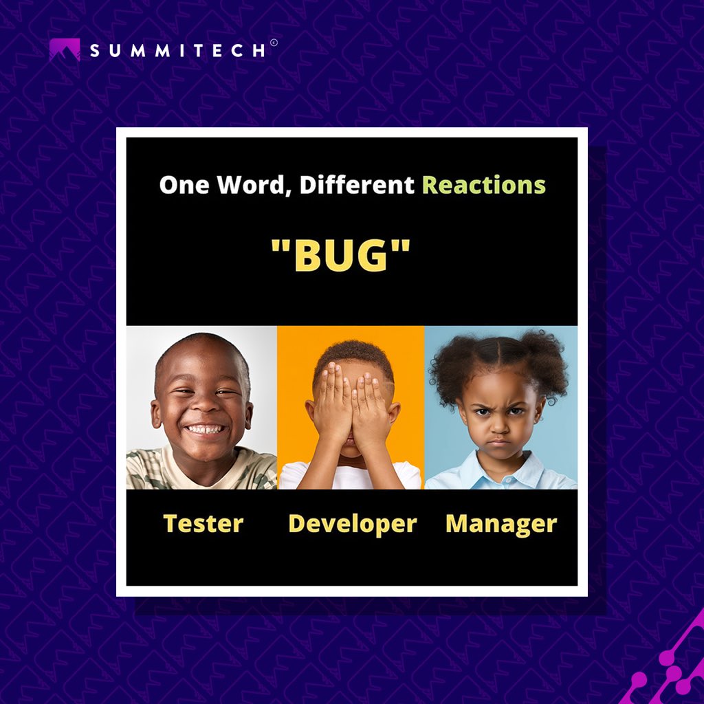 SummitechIO's tweet image. Same bug issue, different reactions.

The testers better do well to hide their excitement though. 😆
 
#meme #systembug #bugs #funny #softwarestesters #softwaredevelopers #technology #techjokes #friday #summitech