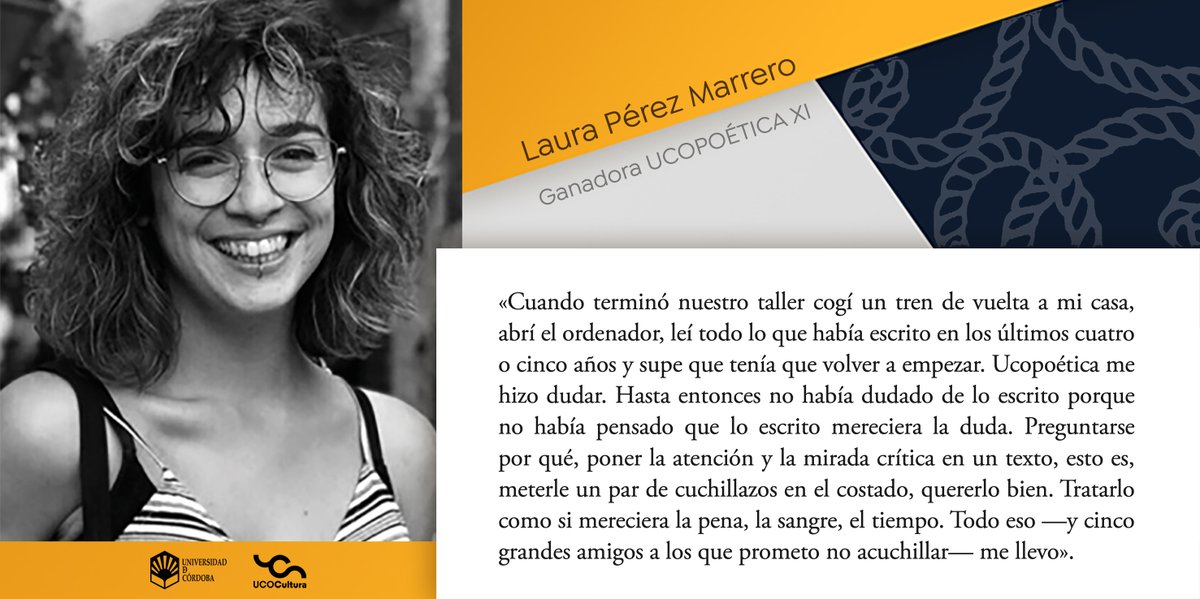 Laura Pérez Marrero, ganadora de la última edición Ucopoética,  nos habla de su grata experiencia y invita a los universitarios a participar en este interesante proyecto.
Gracias Laura por tan bonitas palabras.
<a href="/Univcordoba/">Universidad Córdoba</a>, <a href="/UCOCultura/">UCOCultura</a>, <a href="/ucopoetica/">Ucopoética</a>