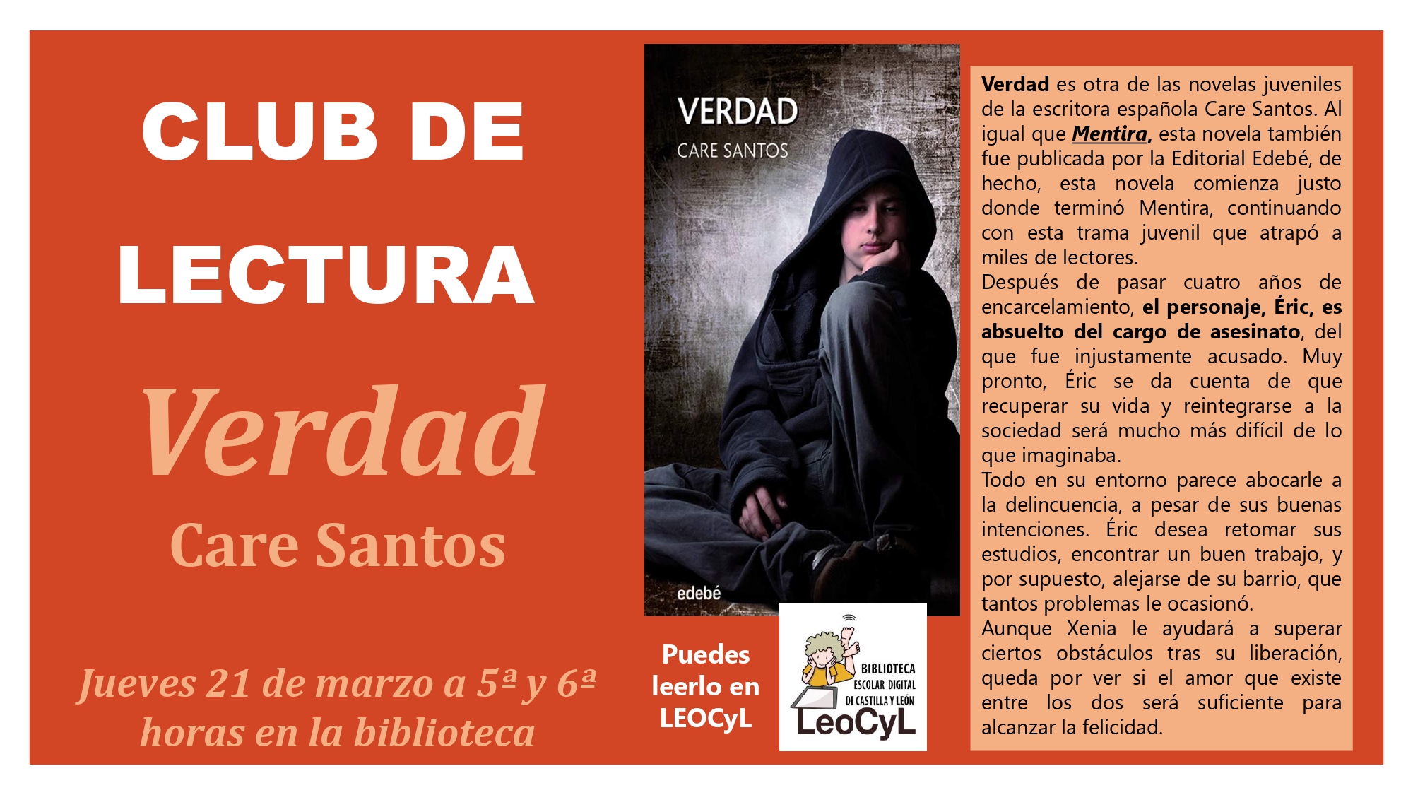 IES Antonio Tovar 🍏 on X: 🏫Próximo encuentro del “Club de lectura” en la  #TovarBiblio Jueves 21 de marzo (5ª y 6ª hora), sobre el libro VERDAD, de Care  Santos. Disponible en