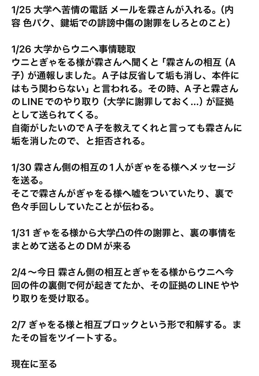 今回の騒動の経緯です。
ぎゃをるさん視点、私視点、証拠付きで私が貰った情報を混ぜたものを時系列でまとめたものになります。
以下の文章はぎゃをる様も確認済みです。