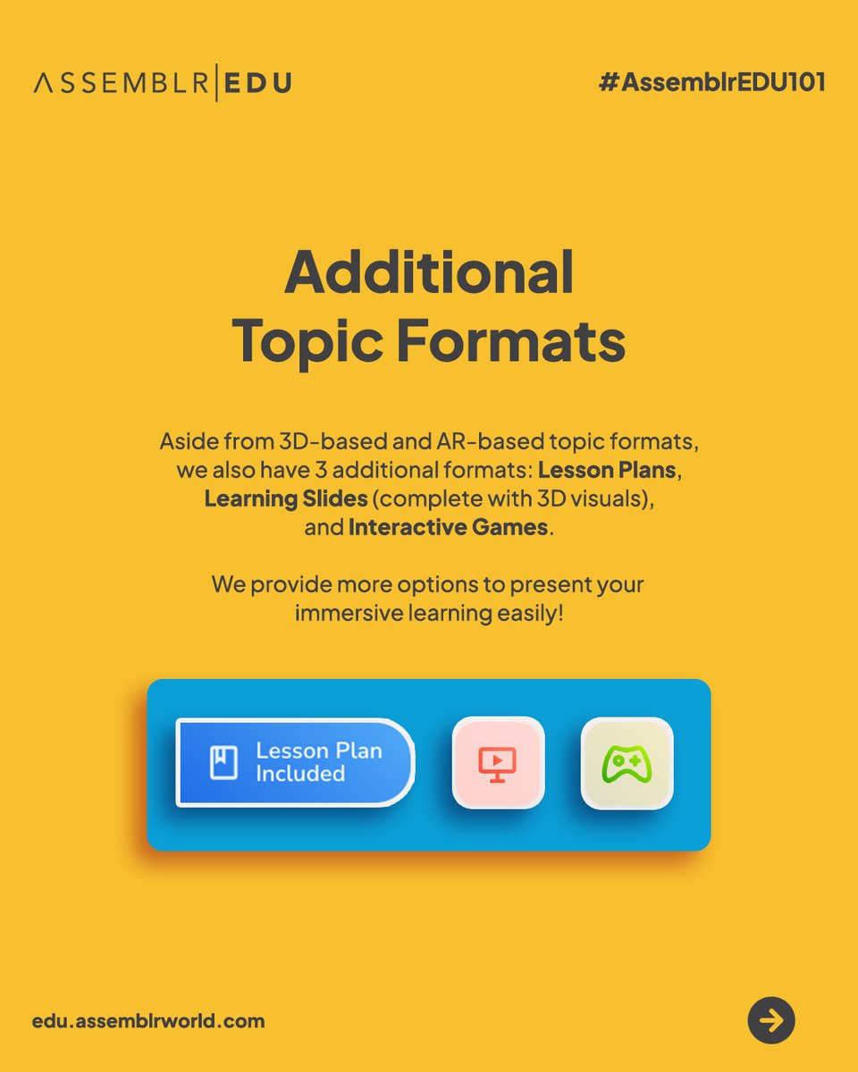 assemblrworld's tweet photo. Did you know that we have a few new things on Assemblr EDU Topics? 🤩
Not only that we provide more topic formats, you can also use the topics based on curriculums and grades 👀 Swipe through for the details!
#Assemblr #AssemblrEDU101 #Topics #LearningMaterials #LessonPlans https://t.co/U7epbCtymg