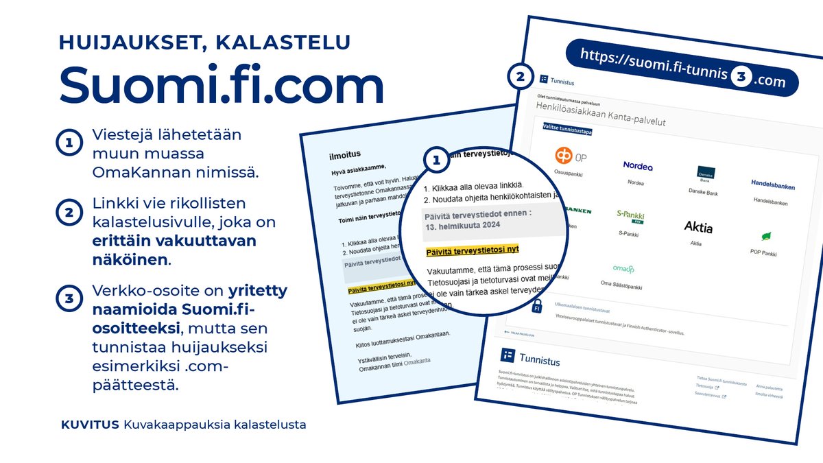 Viikkokatsauksessamme tällä viikolla:

🔹 Pankkitunnuksia kalastellaan OmaKanta-palvelun ja Suomi.fin nimissä
🔹 Nettideittiturvan vieraskynä
🔹 Palvelunestohyökkäykset jatkuvat myös vuonna 2024

Koko viikkokatsaus ⬇️ kyberturvallisuuskeskus.fi/fi/ajankohtais… 

#tietoturva