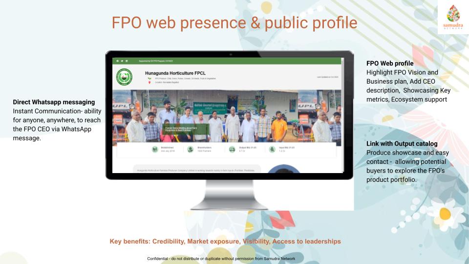 NetworkSamudra's tweet photo. FPO Web Profiles
FPOs web presence allows to showcase its achievements to establish credibility and market presence is automated and maintained via the platform.
know more about our solutions- Book a demo with us - info@samudranetwork.com 
#EmpowerFPOs https://t.co/hlVvhszcZo