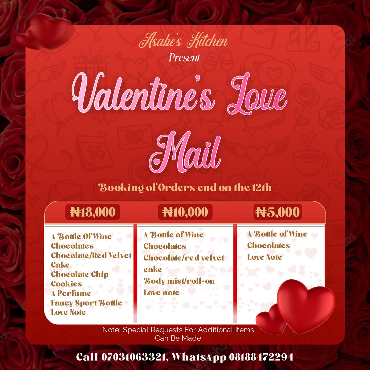theurbansizzle's tweet photo. It's another opportunity to celebrate love!💃🏽
Why not show that special someone how much you love them with one of Asabe's kitchen's affordable packages? We also take customised order of your preference. 🩷🩷🩷
https://t.co/UCNxXnbkdM https://t.co/CNlIFFxSyH