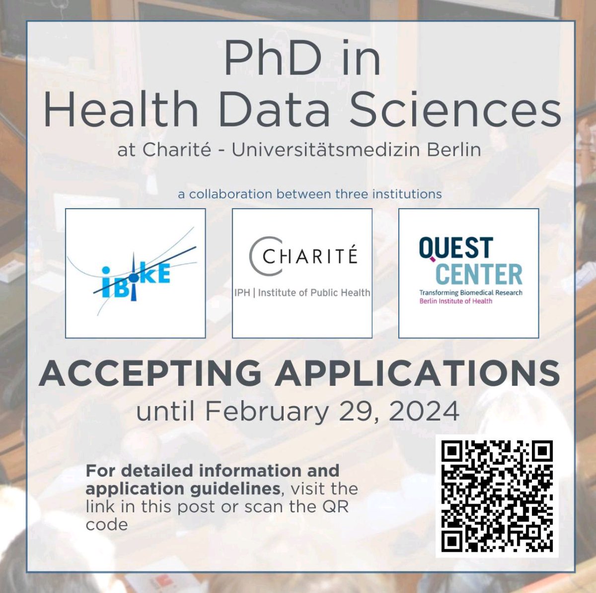 Structured PhD Program in Health Data Sciences (HDS) at Charité - Universitätsmedizin Berlin. Apply: lnkd.in/gm5iqDau 🌐 International Students: Scholarships are available through the German Academic Exchange Service (DAAD) Details: lnkd.in/eSkBZJX8