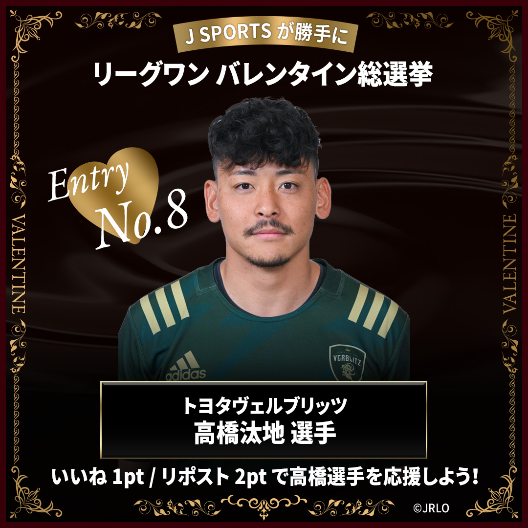 jsports_rugby's tweet photo. ／
J SPORTSが"勝手に"
#リーグワン バレンタイン総選挙🍫
＼

▪️エントリーNO.8✨
#高橋汰地 選手
@toyotaverblitz

スピードと決定力に長けたWTB🏃‍♀️💨
試合前は必ずコーヒー飲んで好きな曲を聞くというオシャレな高橋選手☕️🎧

いいね→1pt　RT→2pt
で応援しよう❗️

✅プロフィールはこちら
https://t.co/ukyVGFIOp9

#バレンタイン